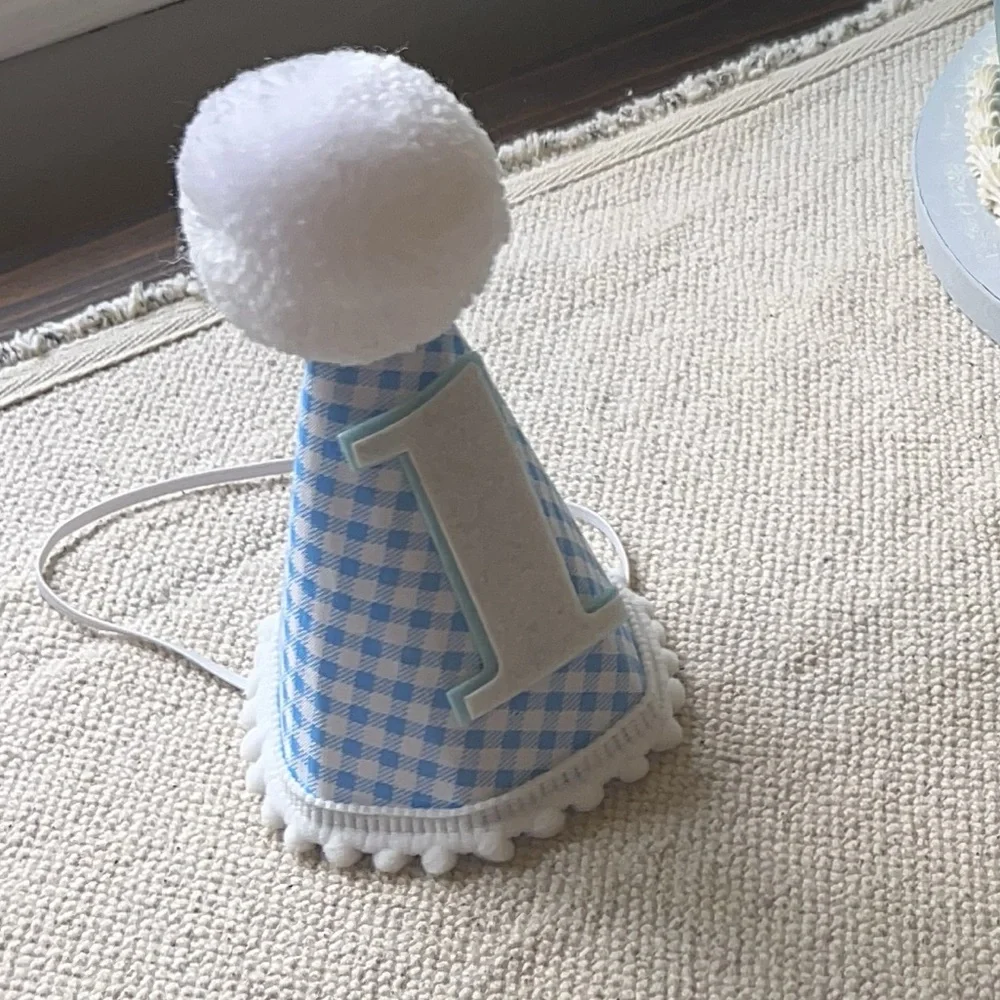 Blue gingham “1” birthday hat